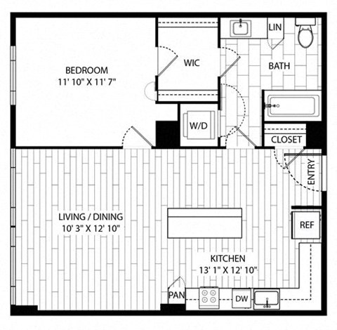Floor plan for 1 bed, 1 bath, 762 sqft